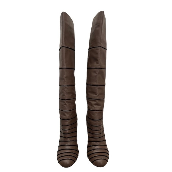 L.A.M.B Gwen Stafani Tan Brown Leather Knee High Stiletto Boots 7.5 - Picture 3 of 8